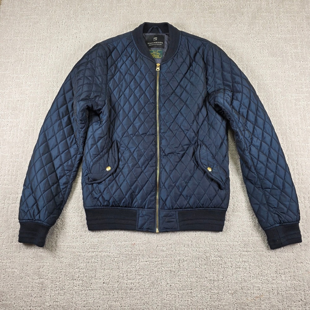 Scotch & Soda Couture Navy Blue Quilted Diamond Full Zip Bomber Jacket Men Small